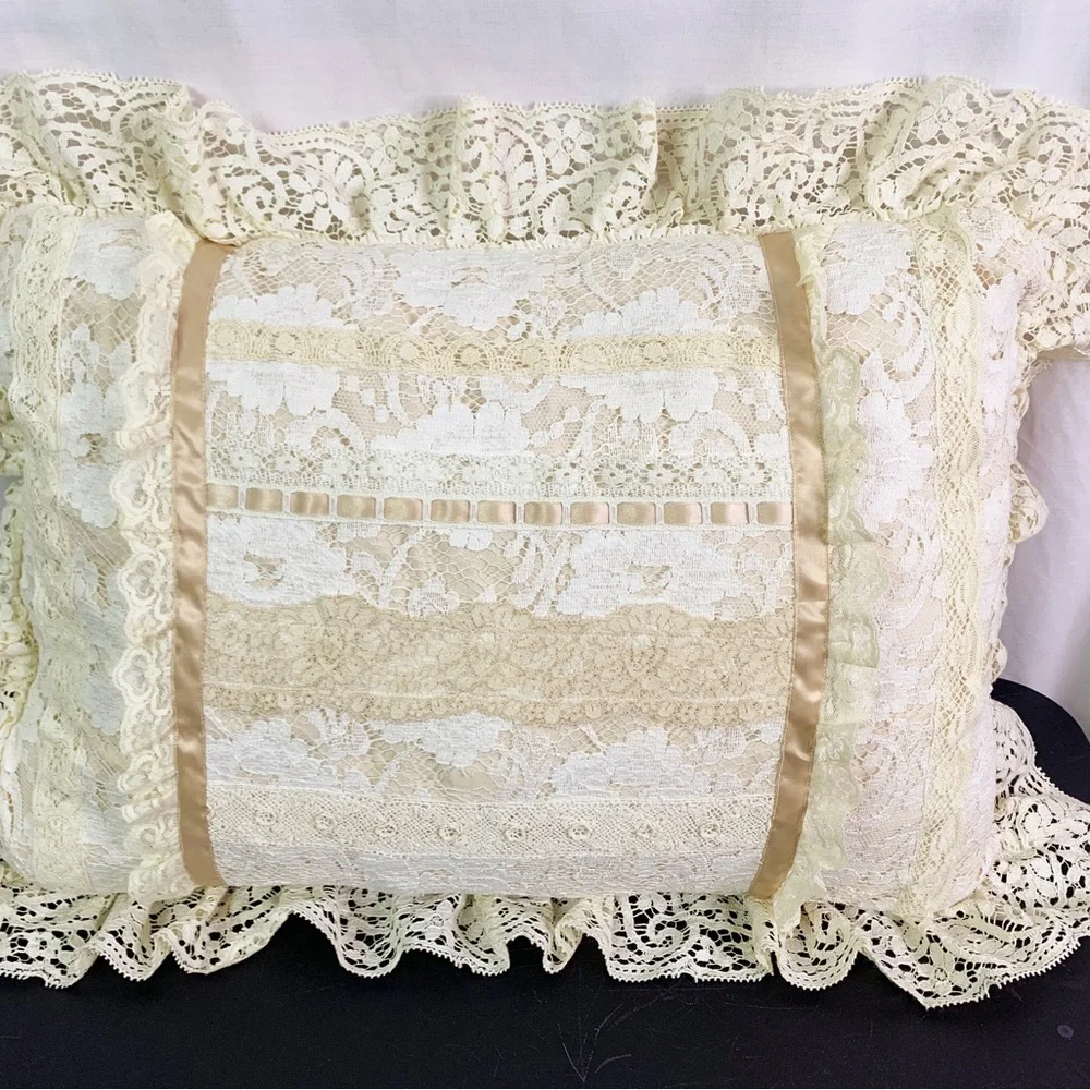 Vintage Crochet Lace Decorative Pillow Ribbon Accents